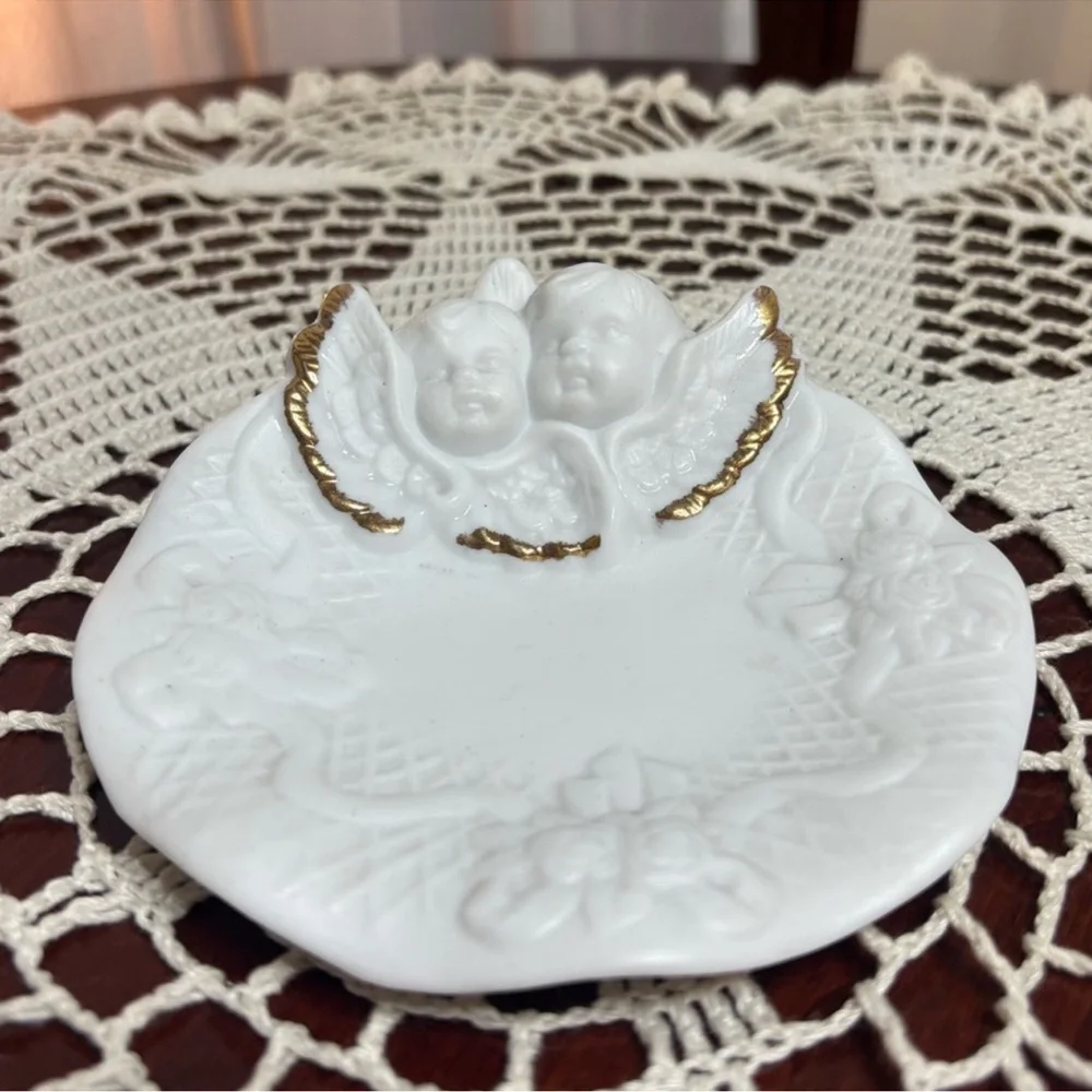 Victorian Angels Porcelain Cherub Plate White Gold Vintage Cottage Core Home